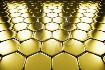 Gold metal surface of golden hexagons perspective view shiny abstract industrial background