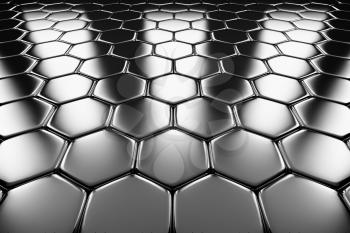 Metal surface of steel hexagons perspective view shiny abstract industrial background