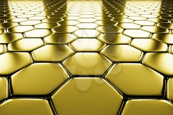 Golden hexagons flooring metal surface perspective view shiny abstract industrial background