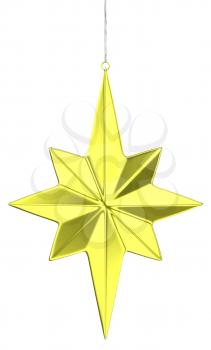 Golden christmas star decoration hanging on a narrow silver ribbon isolated on white background