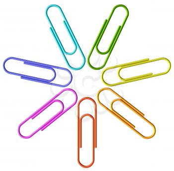 Colored paperclips laid out in the shape of a flower or a star, clips set isolated on white background