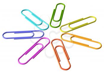Colored paperclips laid out in the shape of a flower or a star diagonal view, clips set isolated on white background