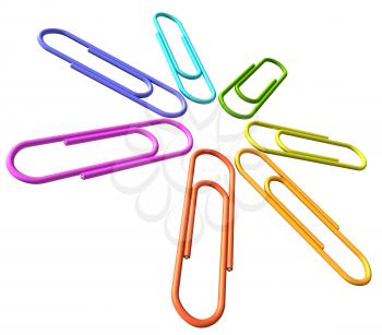 Colored paperclips laid out in the shape of a flower or a star diagonal closeup view, clips set isolated on white background