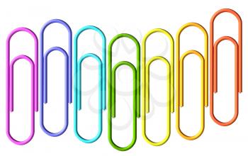 Colored paperclips laid out in the shape of a wave, clips set isolated on white background