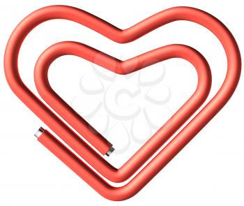 One paperclip in the heart shape isolated on white background