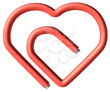Red paperclip in the heart shape isolated on white background