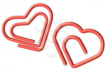 Two red connected paperclips in the heart shape isolated on white background