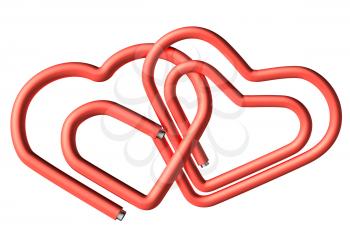 Couple of red connected paperclips in the heart shape isolated on white background