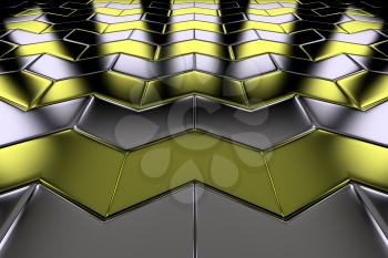 Metal with gold arrow blocks flooring perspective view shiny abstract industrial background