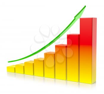 Abstract creative statistics, financial growth, business success and development concept: orange growing bar chart with green up arrow on white background with reflection, 3d illustration