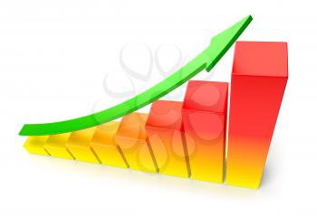 Abstract creative statistics, financial growth, business success and development concept: orange growing bar chart with green up arrow on white background, 3d illustration