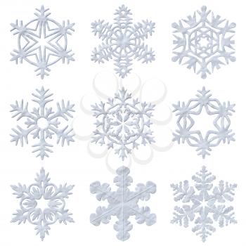 Set of snowy blue decorative snowflakes isolated on white background