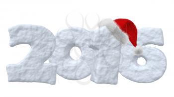 New Year 2016 sign made of snow with Santa Claus red hat isolated on white background 3d illustration