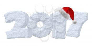 Happy New Year creative holiday concept - 2017 new year sign text written with numbers made of snow and Santa Claus fluffy red hat, New Year 2017 winter snow symbol 3d illustration isolated on white