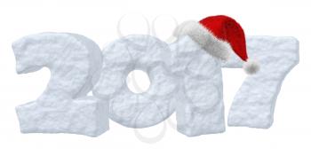 Happy New Year creative holiday concept - 2017 new year sign text, written with numbers made of snow with Santa Claus fluffy red hat New Year 2017 winter snow symbol, 3d illustration isolated on white