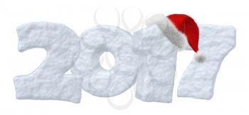 Happy New Year creative holiday concept - 2017 new year sign text written with numbers made of snow with Santa Claus fluffy red hat, New Year 2017 winter snow symbol 3d illustration isolated on white