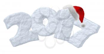 Happy New Year creative holiday concept - 2017 new year sign text written with numbers made of snow and with Santa Claus fluffy red hat, New Year 2017 winter snow symbol 3d illustration isolated on wh