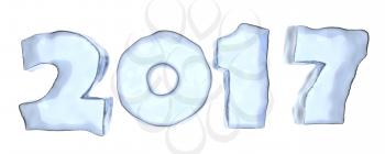Happy New Year 2017 sign text written with numbers made of clear blue ice isolated on white background, Happy New Year 2017 winter symbol 3d illustration