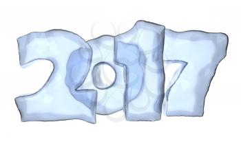 Happy New Year 2017 sign text written with numbers made of clear blue ice isolated on white, Happy New Year 2017 winter symbol 3d illustration