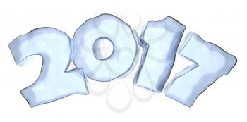 Happy New Year 2017 sign text written with numbers made of blue clear ice isolated on white, Happy New Year 2017 winter symbol 3d illustration