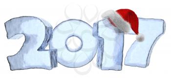 Happy New Year creative holiday concept - 2017 new year sign text written with numbers made of clear blue ice with Santa Claus fluffy red hat, New Year 2017 winter symbol 3d illustration isolated on w