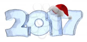 Happy New Year creative holiday concept - 2017 new year sign text written with numbers made of clear blue ice with Santa Claus fluffy red hat, New Year 2017 winter symbol, 3d illustration, isolated on