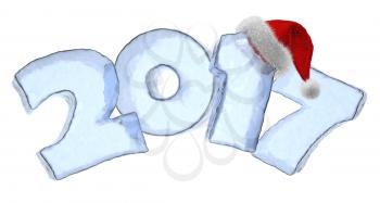 Happy New Year creative holiday concept - 2017 new year sign text written with numbers made of clear blue ice with Santa Claus fluffy red hat, New Year 2017 winter symbol, 3d illustration isolated on 