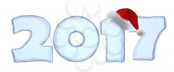Happy New Year creative holiday concept - 2017 new year text sign written with numbers made of clear blue ice with Santa Claus fluffy red hat, New Year 2017 winter symbol 3d illustration isolated on w