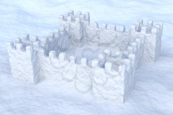 White toy show fort on the uneven snow surface under sun light 3d illustration