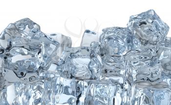 Heap of many blue clear ice cubes isolated on white background