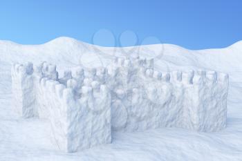 White toy show fort on the uneven snow surface under blue sky three-dimensional illustration