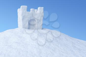 White toy show tower on the uneven snow surface under blue sky three-dimensional illustration