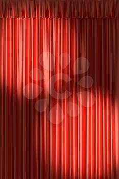 Red theater curtain with gathers under two round spot lights