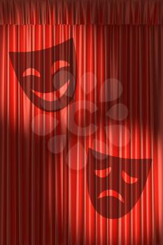 Red theater curtain with shadow of masks with gathers under two round spot lights