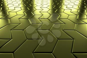 Golden arrow blocks flooring perspective view shiny abstract industrial background