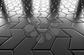 Steel arrow blocks flooring perspective view shiny abstract industrial background