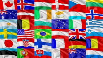 Collection of world countries flags flying in the wind, 3d illustration set
