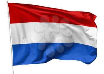 National flag of Kingdom of the Netherlands on flagpole flying in the wind isolated on white, 3d illustration