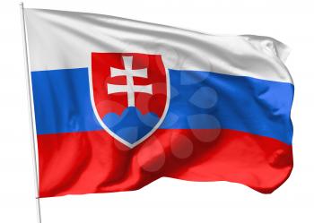 National flag of Slovak Republic (Slovakia) on flagpole flying in the wind isolated on white, 3d illustration