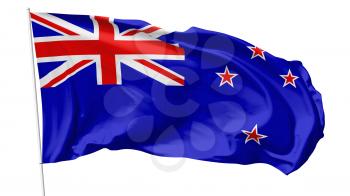 National flag of New Zealand on flagpole flying in the wind isolated on white, 3d illustration