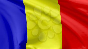 National flag of Romania flying in the wind, 3d illustration closeup view