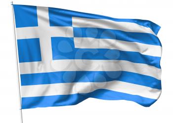 National flag of Hellenic Republic (Greece) on flagpole flying in the wind isolated on white, 3d illustration