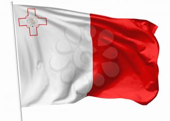 National flag of Malta on flagpole flying in the wind isolated on white, 3d illustration