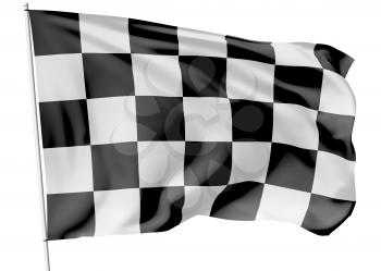 Checkered flag on flagpole flying in the wind isolated on white, 3d illustration