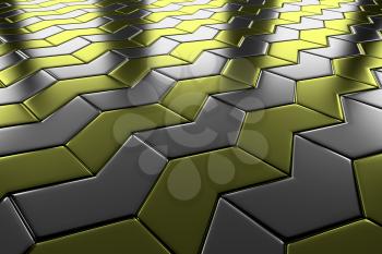 Steel with gold arrow blocks flooring diagonal perspective view shiny abstract industrial background