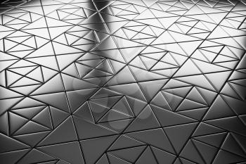 Abstract industrial creative metal construction monochrome illustration: decorative steel flooring metal surface with square decor closeup diagonal view under bright lights, industrial 3d illustration