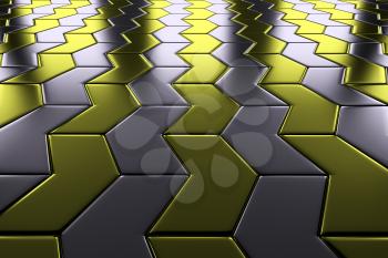 Steel with gold arrow blocks flooring perspective view shiny abstract industrial background
