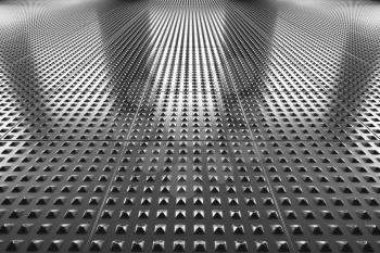 Abstract industrial creative metal construction monochrome illustration: steel floor metal surface perspective view under bright lights, industrial 3d illustration