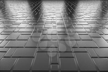 Abstract industrial creative metal construction monochrome illustration: decorative steel flooring metal surface with decor made of rectangular plates perspective view under bright lights, industrial 
