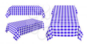 Set of rectangular tablecloth with blue checkered pattern isolated on white, 3d illustration